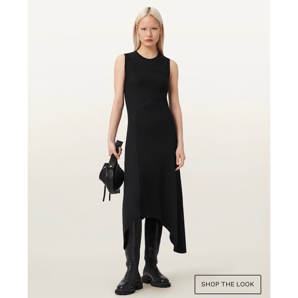0281 AllSaints Gia Slim Fit Maxi Dress Black Size 4 Asymmetric Hem